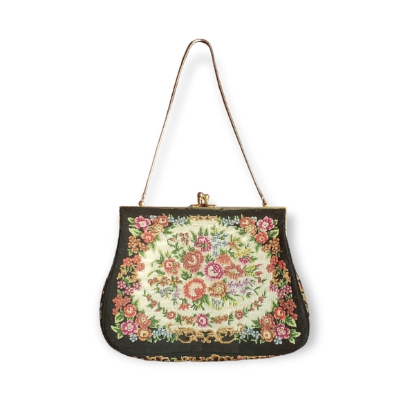 Handbags - Vintage Tapestry Floral Needlepoint Purse Clasp Clutch Black 1960s Old Money